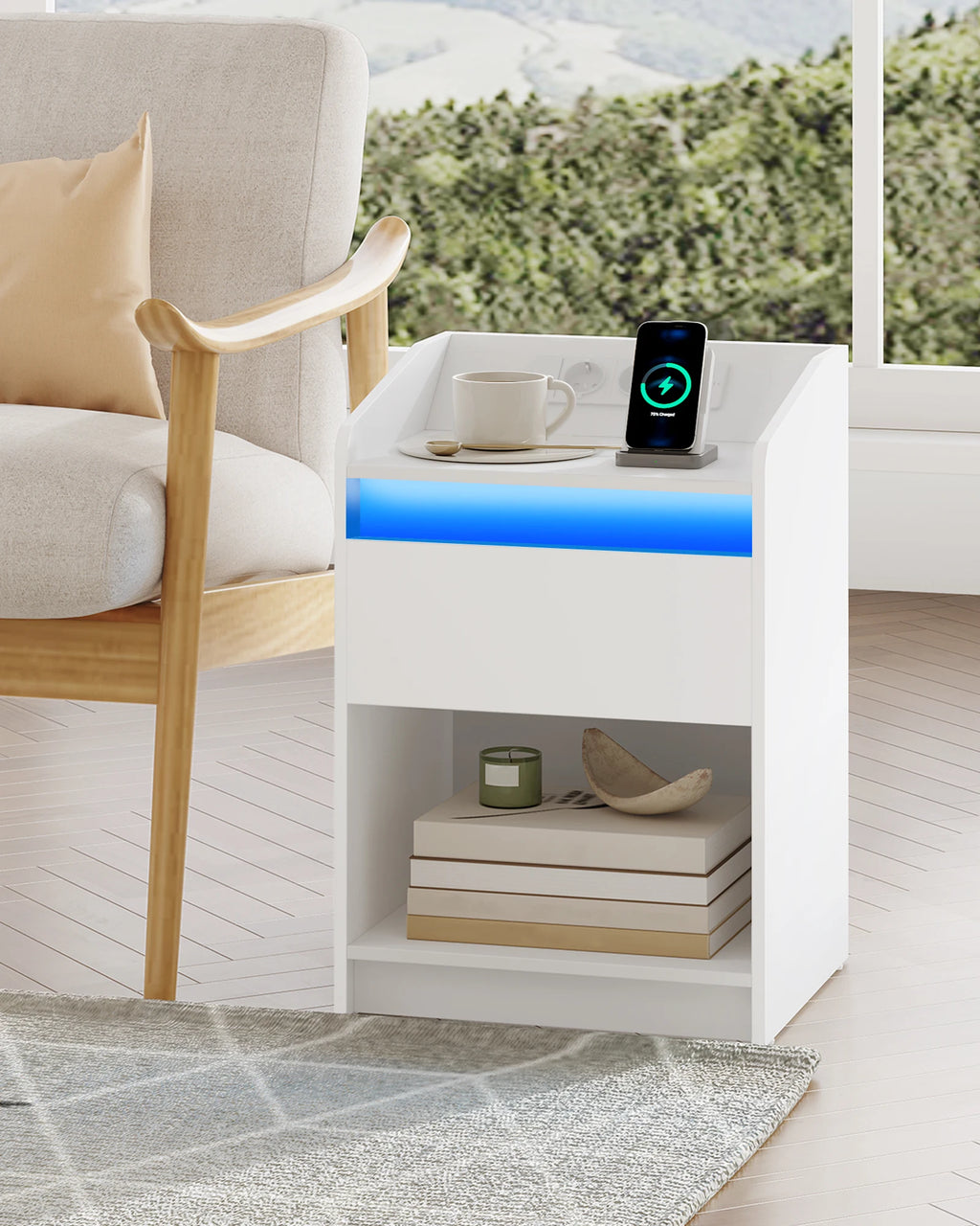 Table de chevet LED avec tiroir, prises et USB