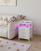 Table de chevet LED à 3 tiroirs en tissu avec prises USB