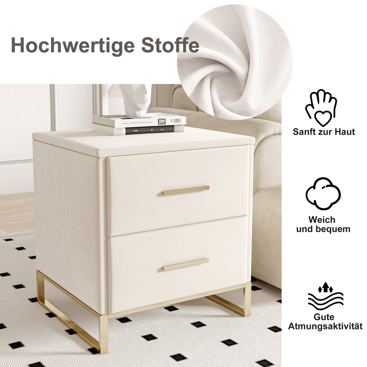 Lot de 2 tables de chevet blanches avec pieds dorés