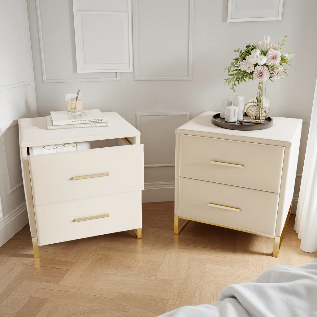 Lot de 2 tables de chevet blanches avec pieds dorés