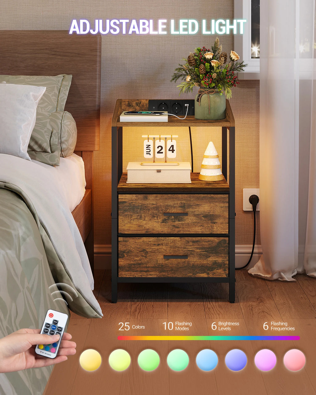 Lot de 2 tables de chevet LED à 2 tiroirs avec prises USB