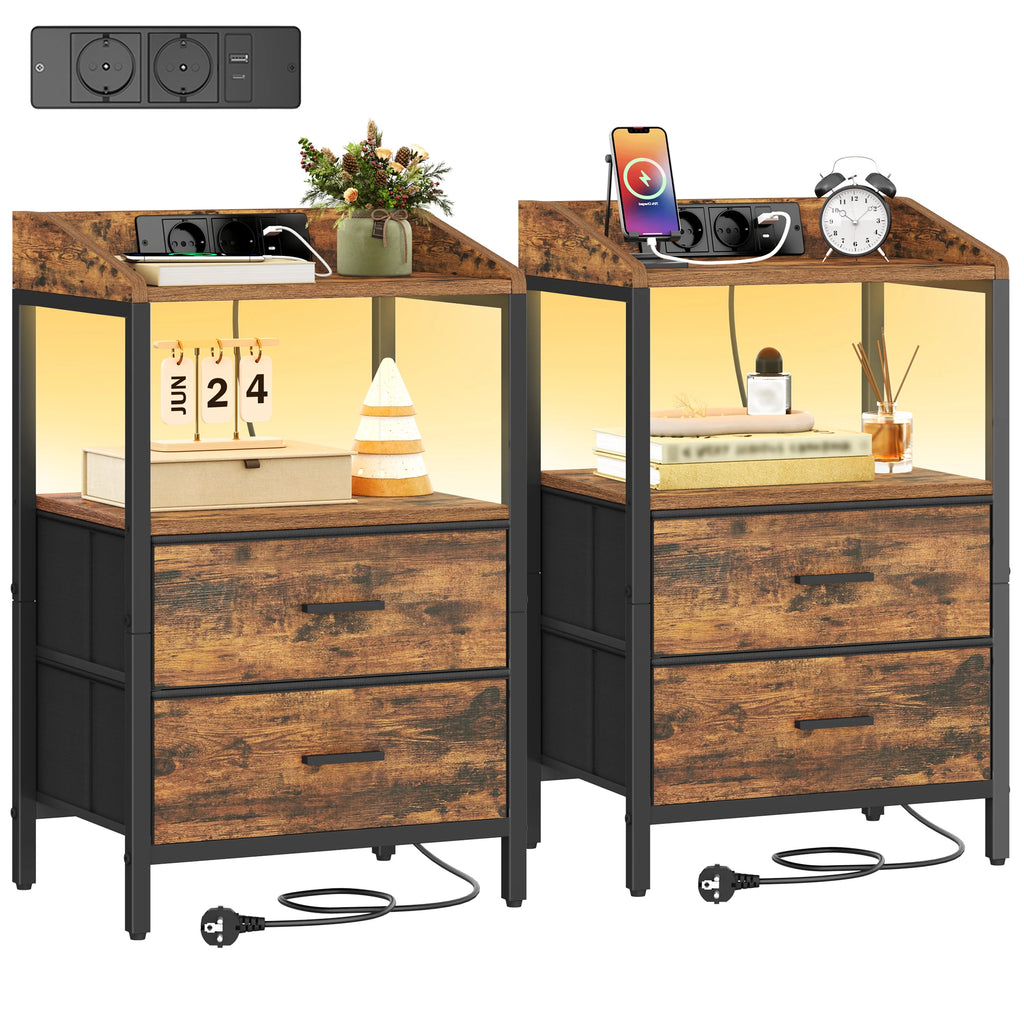 Lot de 2 tables de chevet LED à 2 tiroirs avec prises USB