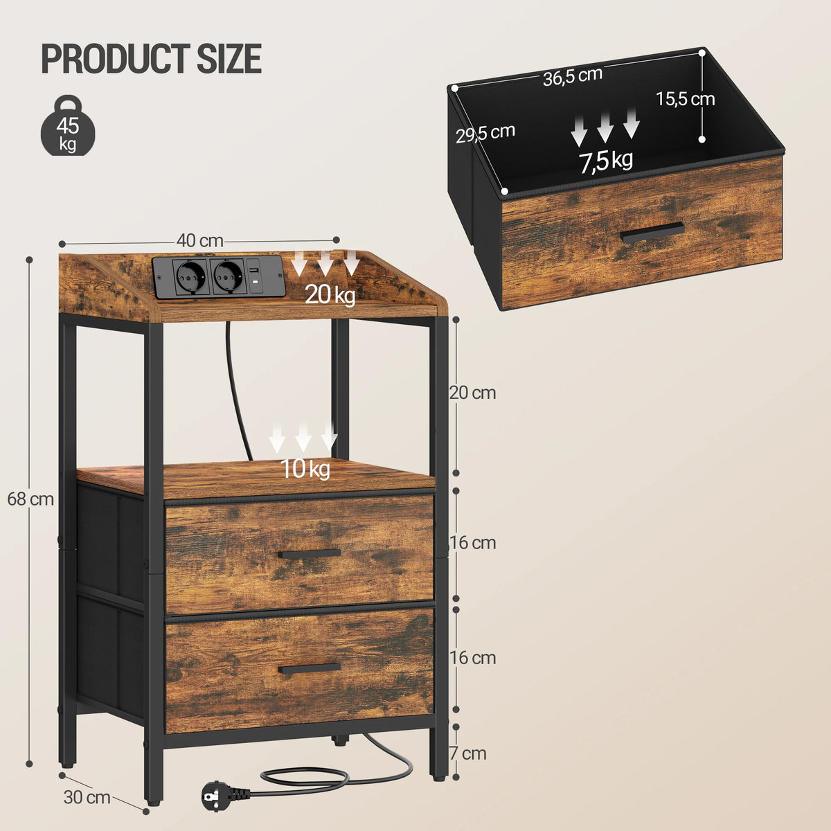 Lot de 2 tables de chevet LED à 2 tiroirs avec prises USB