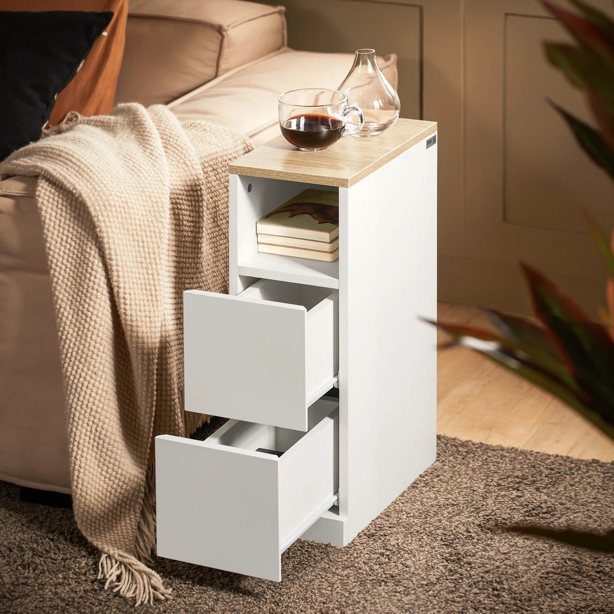 Table de chevet étroite blanche à 2 tiroirs, largeur 20 cm