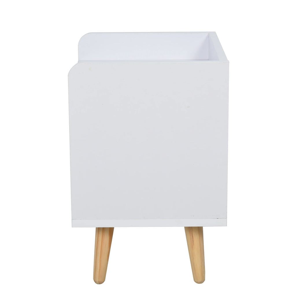 Petite table de chevet blanche à 2 tiroirs et pieds en bois