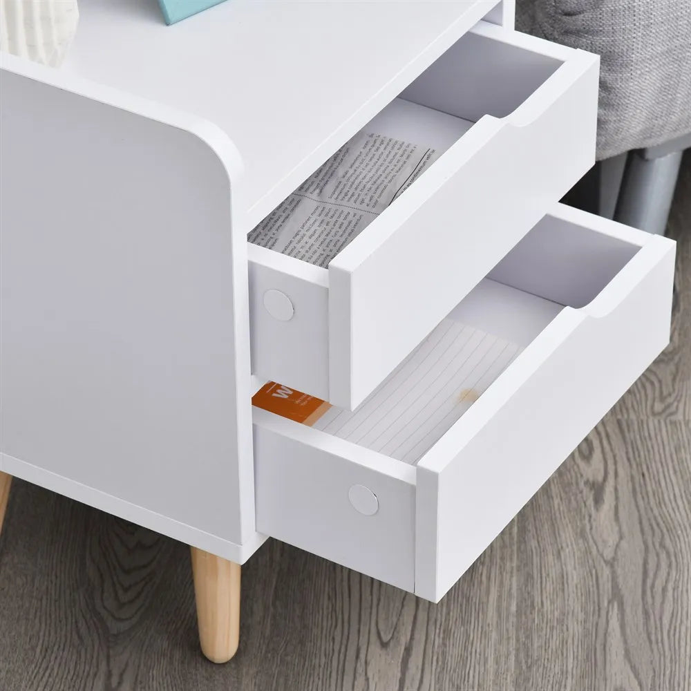 Petite table de chevet blanche à 2 tiroirs et pieds en bois