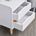 Petite table de chevet blanche à 2 tiroirs et pieds en bois