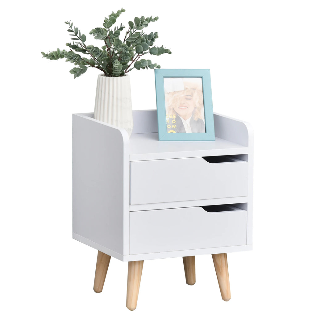 Petite table de chevet blanche à 2 tiroirs et pieds en bois