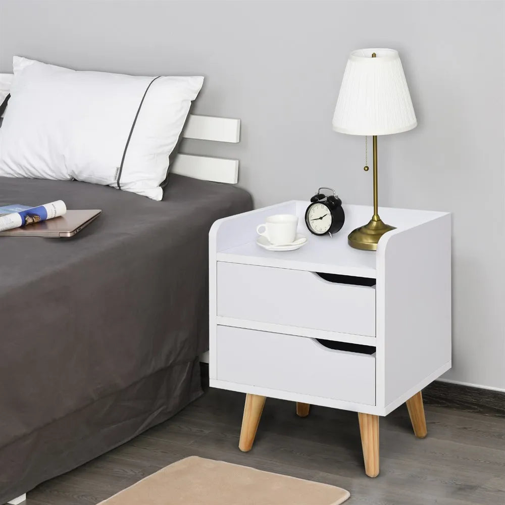 Petite table de chevet blanche à 2 tiroirs et pieds en bois