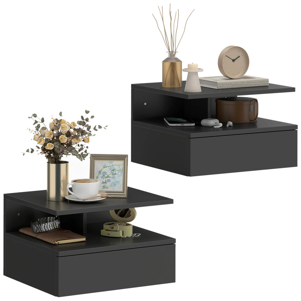 Lot de 2 tables de chevet suspendues noires avec tiroir