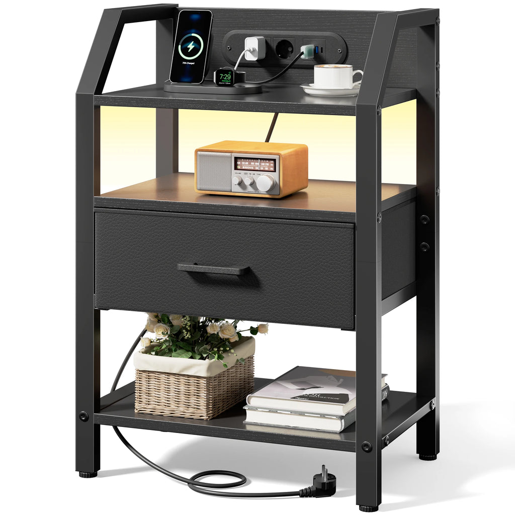 Table de chevet LED avec prises USB et tiroirs en tissu
