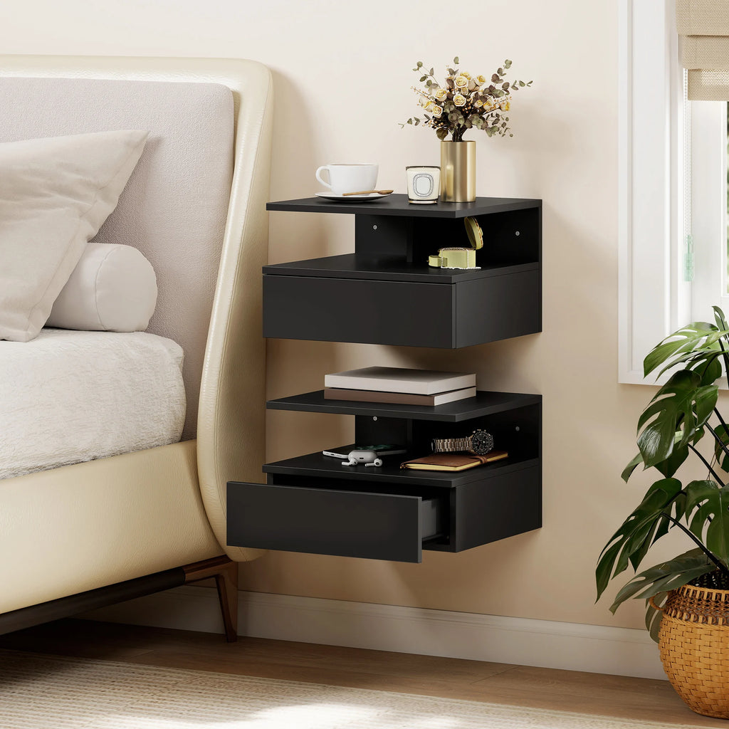 Lot de 2 tables de chevet suspendues noires avec tiroir
