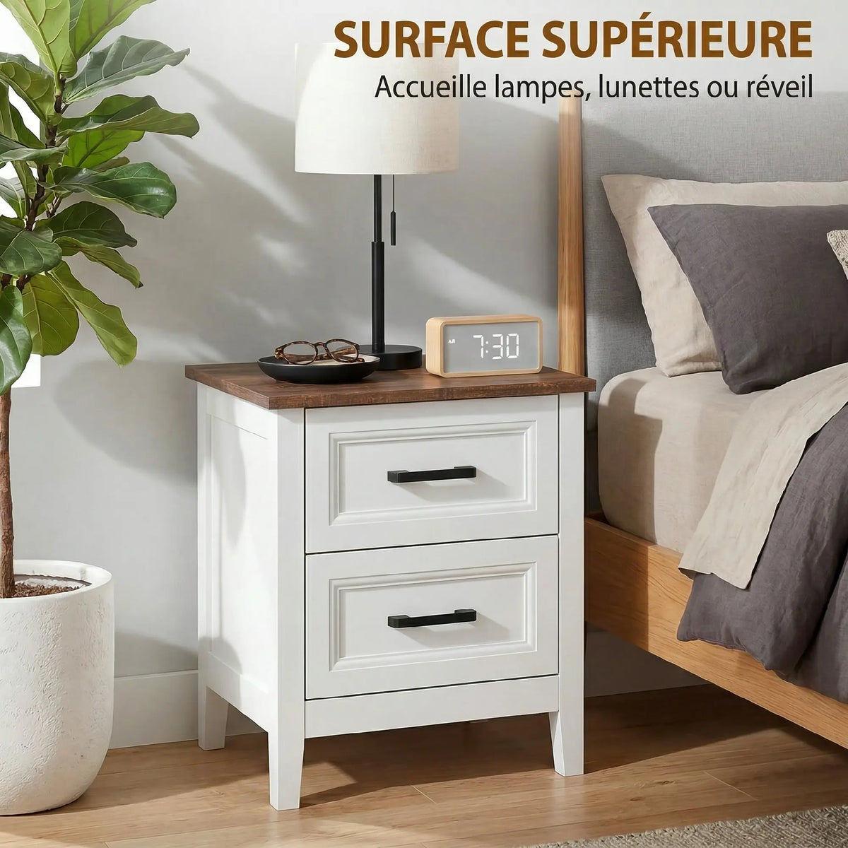 Table de chevet blanche à 2 tiroirs et plateau effet bois