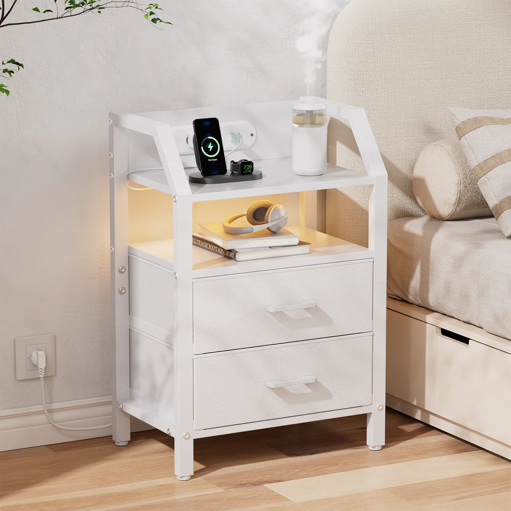 Table de chevet LED avec prises USB et tiroirs en tissu