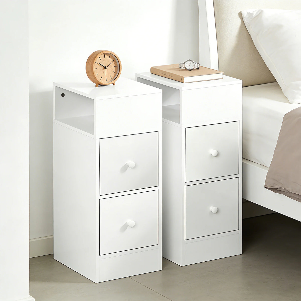 Lot de 2 tables de chevet étroites à 2 tiroirs, largeur 25 cm