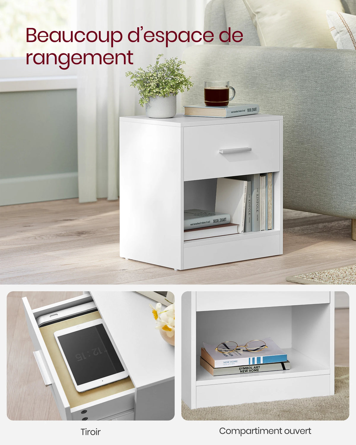 Lot de 2 tables de chevet avec tiroir et niche