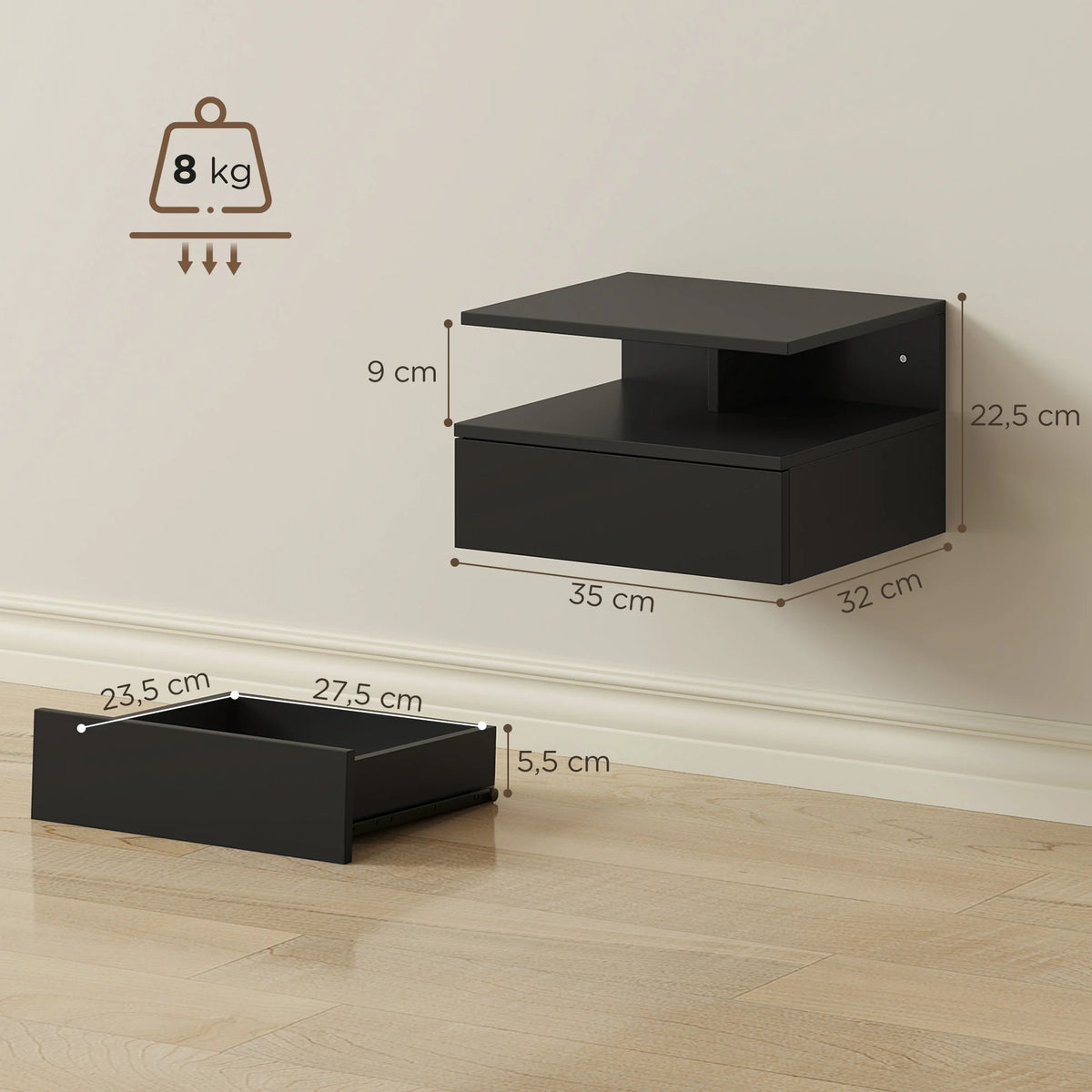 Lot de 2 tables de chevet suspendues noires avec tiroir