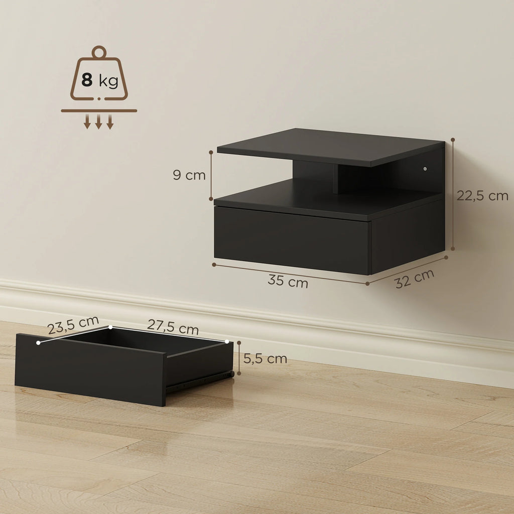 Lot de 2 tables de chevet suspendues noires avec tiroir