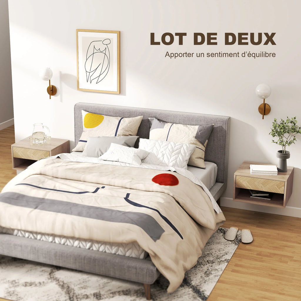 Lot de 2 tables de chevet suspendues effet bois à motif chevrons