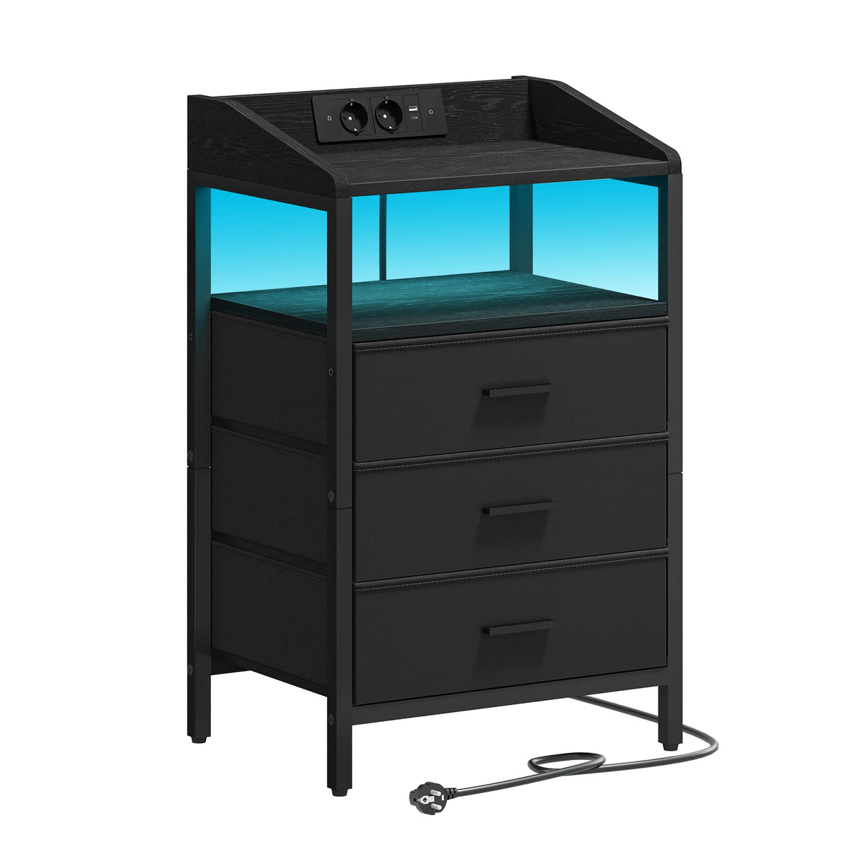 Table de chevet LED à 3 tiroirs en tissu avec prises USB