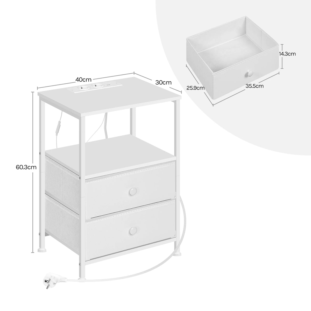 Table de chevet LED à 2 tiroirs en tissu avec prises USB
