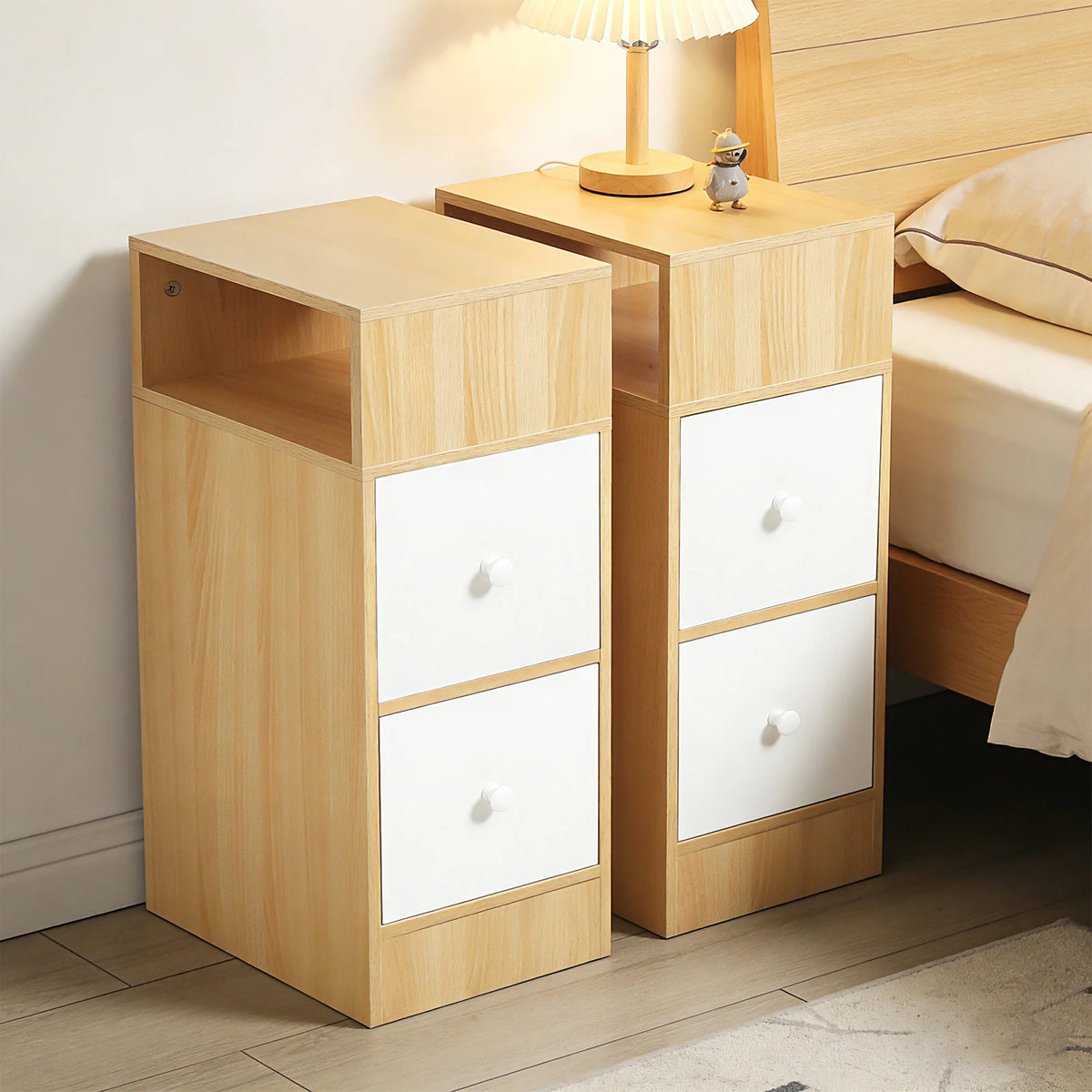 Lot de 2 tables de chevet étroites à 2 tiroirs, largeur 25 cm
