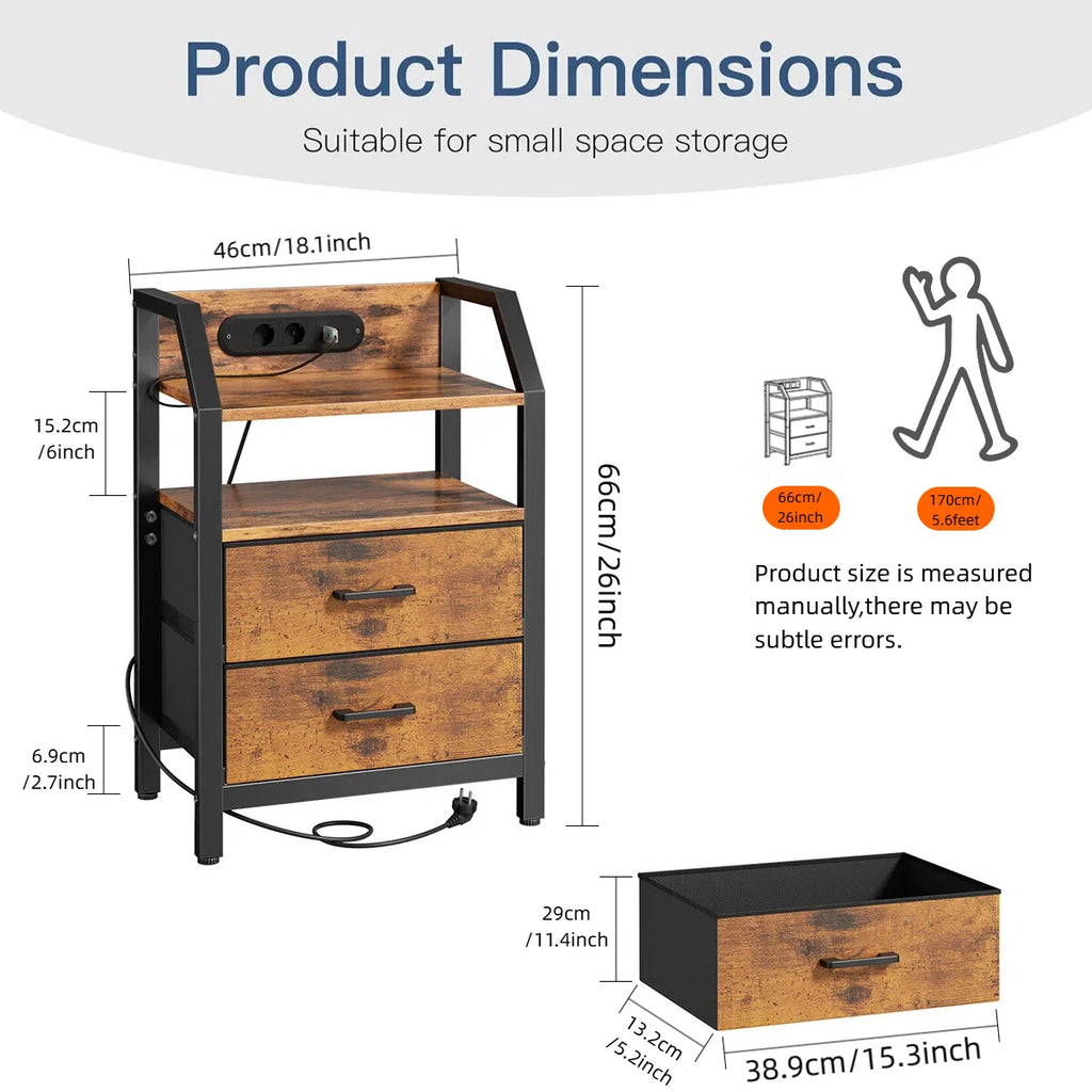 Table de chevet LED avec prises USB et tiroirs en tissu