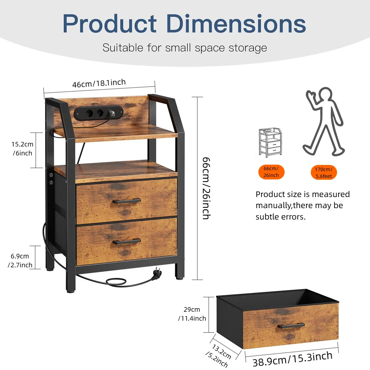Table de chevet LED avec prises USB et tiroirs en tissu