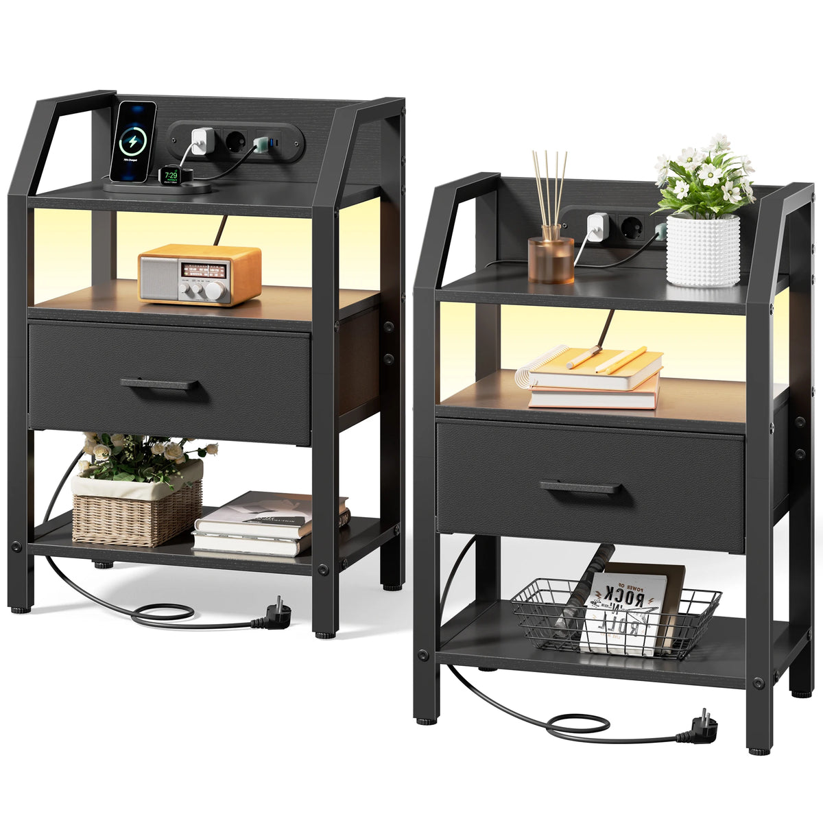 Table de chevet LED avec prises USB et tiroirs en tissu