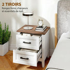 Table de chevet blanche à 2 tiroirs et plateau effet bois