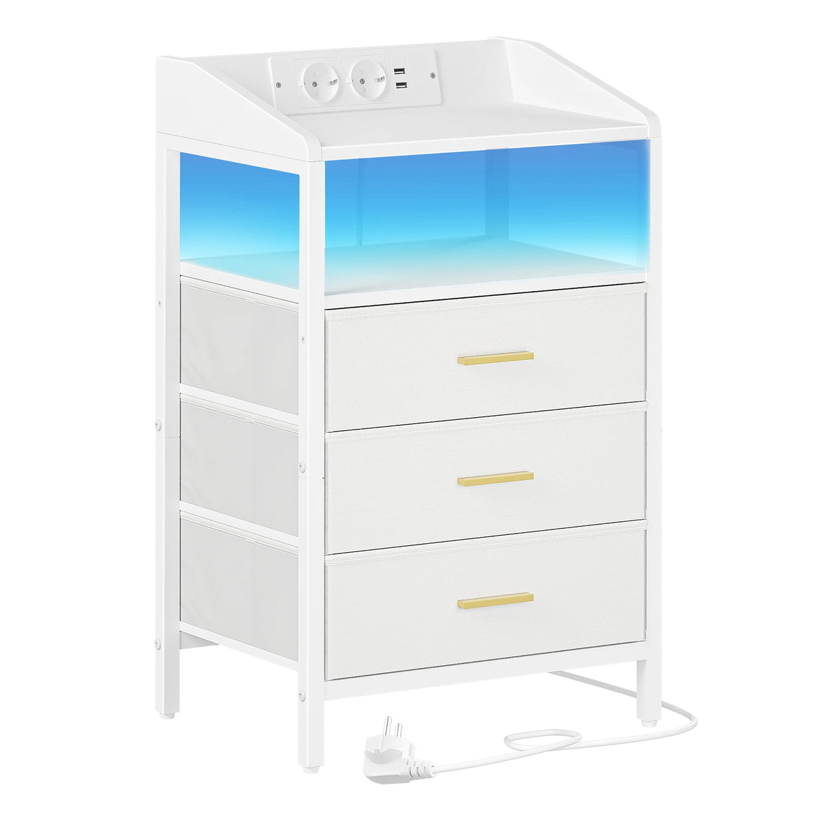Table de chevet LED à 3 tiroirs en tissu avec prises USB