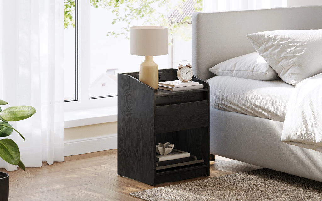Table de chevet LED avec tiroir, prises et USB