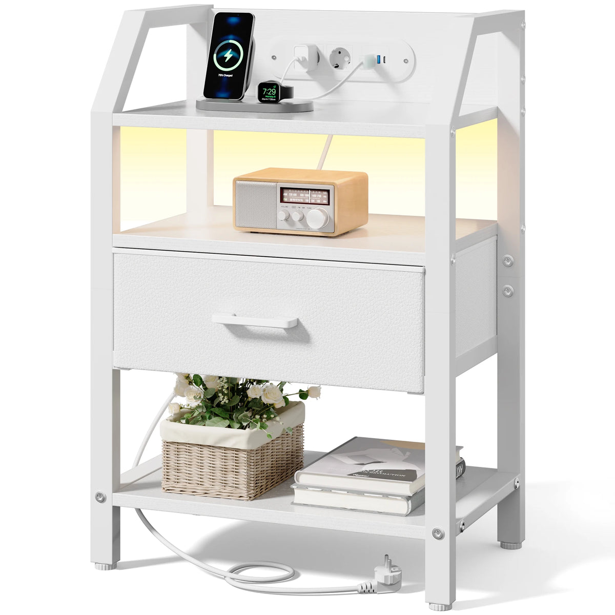 Table de chevet LED avec prises USB et tiroirs en tissu
