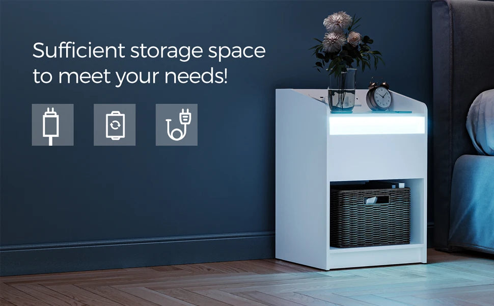 Table de chevet LED avec tiroir, prises et USB