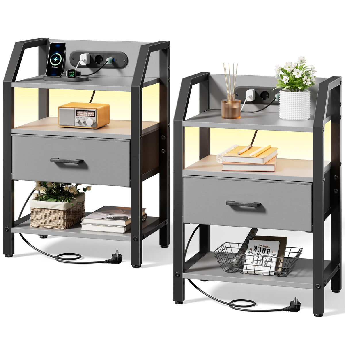 Table de chevet LED avec prises USB et tiroirs en tissu