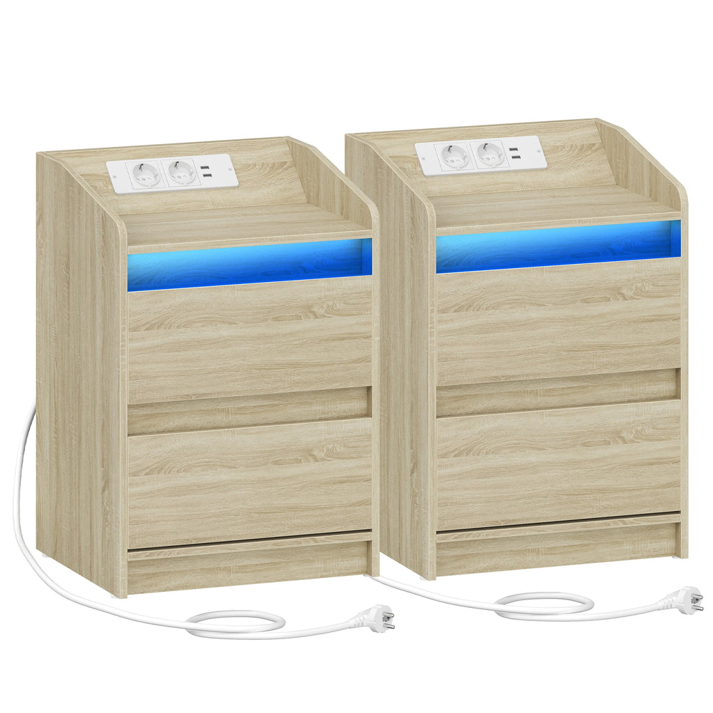 Table de chevet LED effet chêne à 2 tiroirs avec prises USB