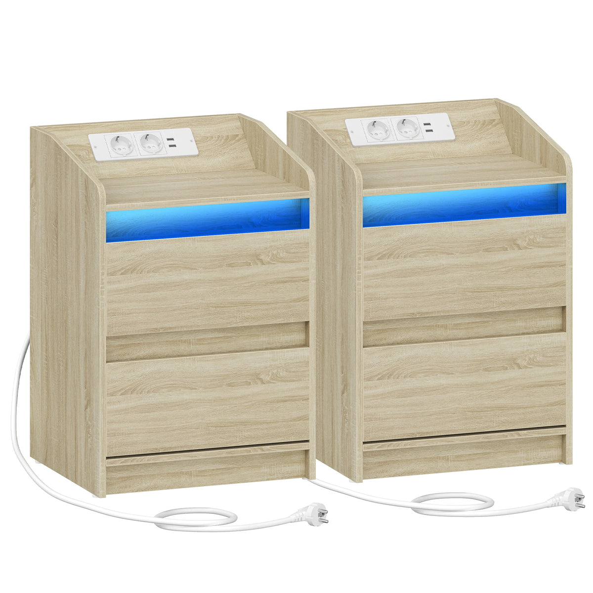 Table de chevet LED effet chêne à 2 tiroirs avec prises USB