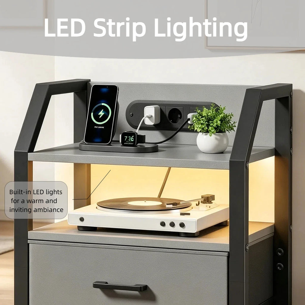Table de chevet LED avec prises USB et tiroirs en tissu