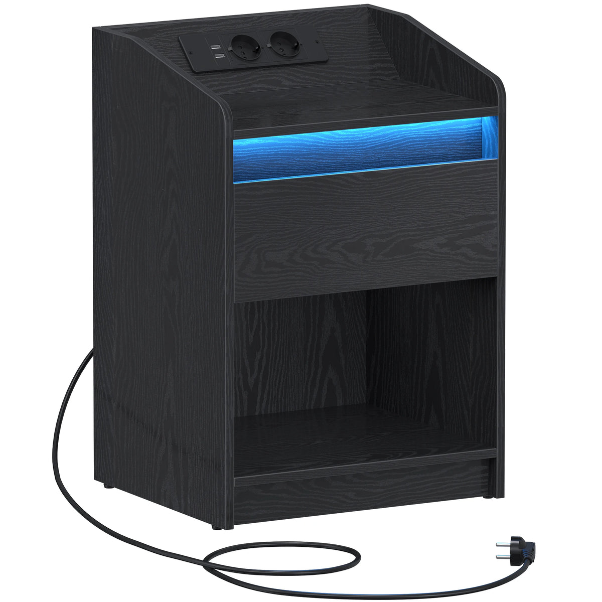 Table de chevet LED avec tiroir, prises et USB