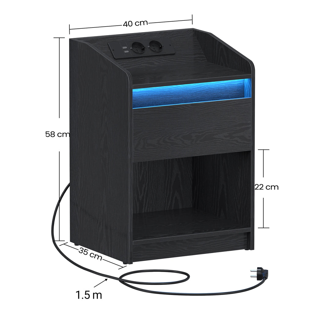 Table de chevet LED avec tiroir, prises et USB