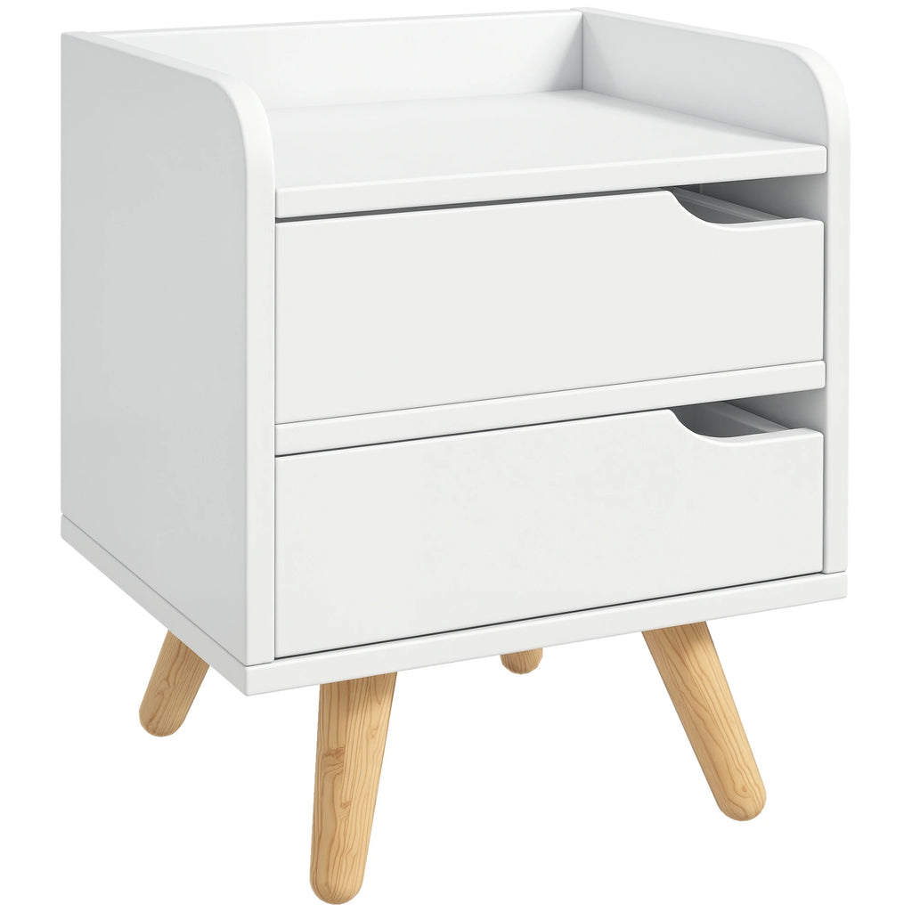 Petite table de chevet blanche à 2 tiroirs et pieds en bois