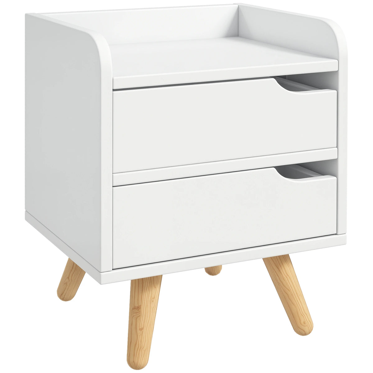 Petite table de chevet blanche à 2 tiroirs et pieds en bois