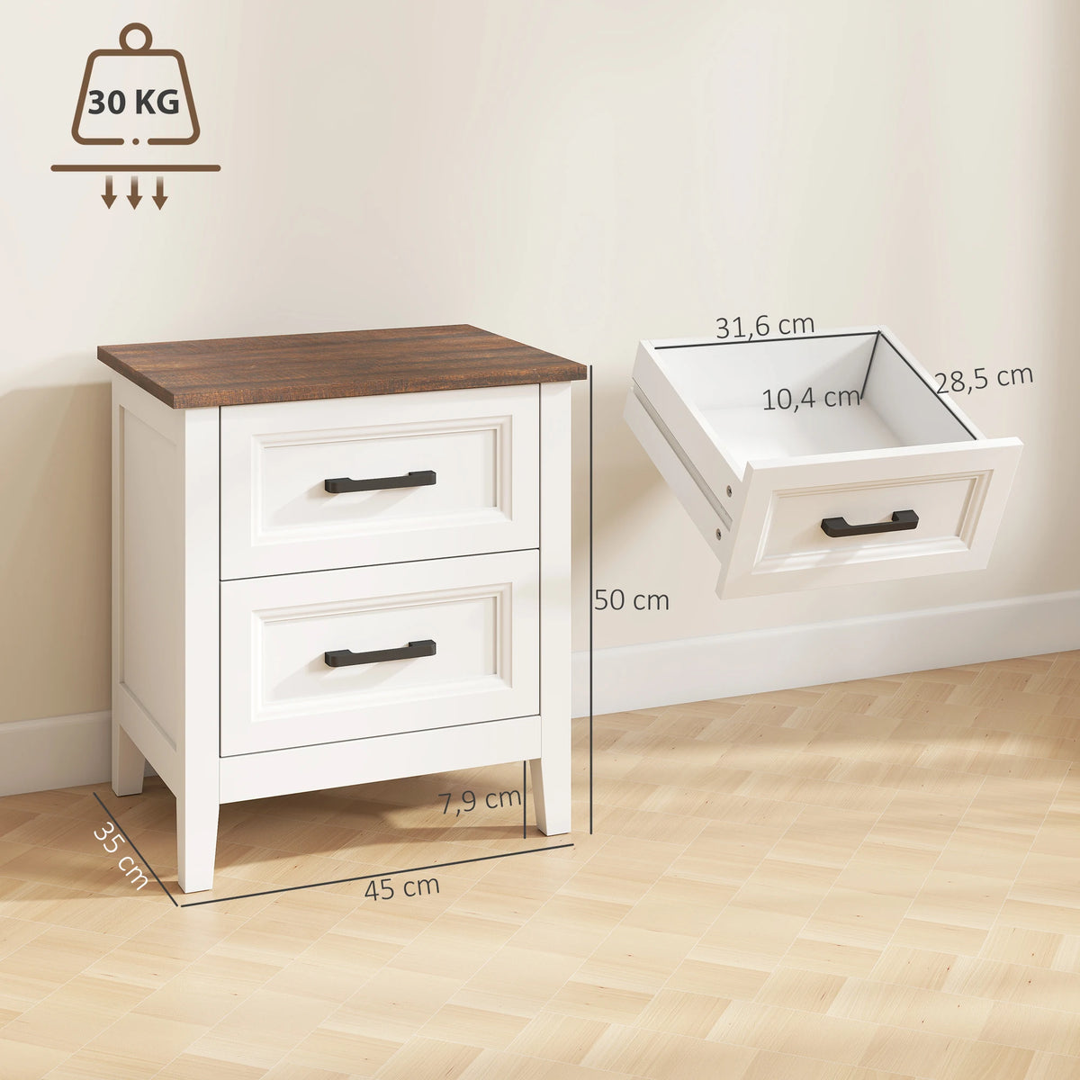 Table de chevet blanche à 2 tiroirs et plateau effet bois