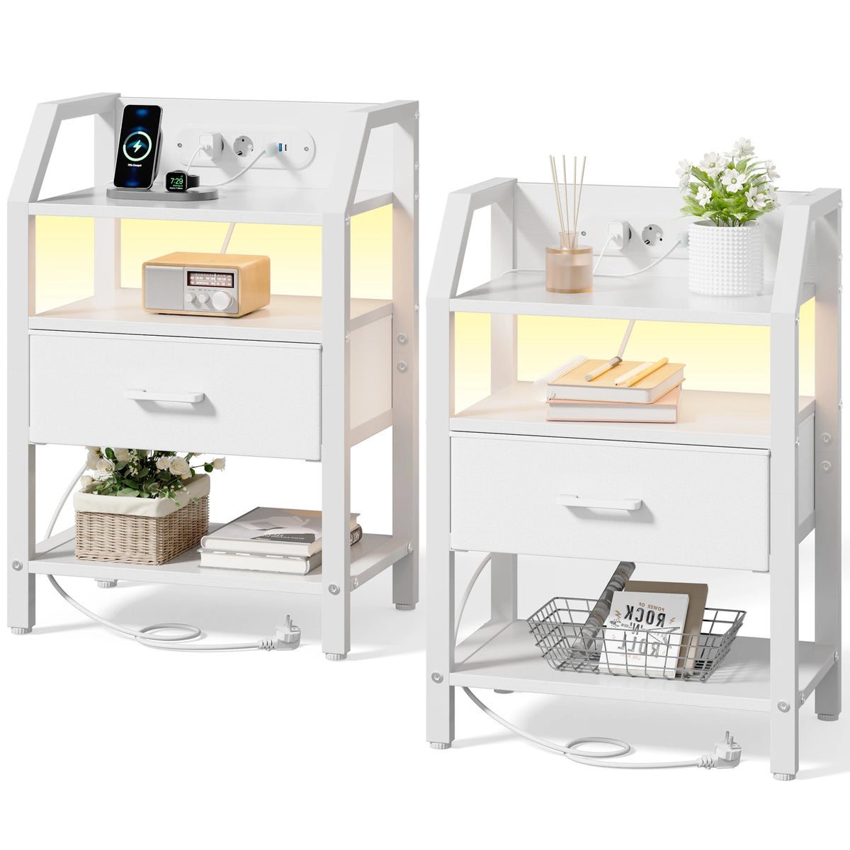 Table de chevet LED avec prises USB et tiroirs en tissu