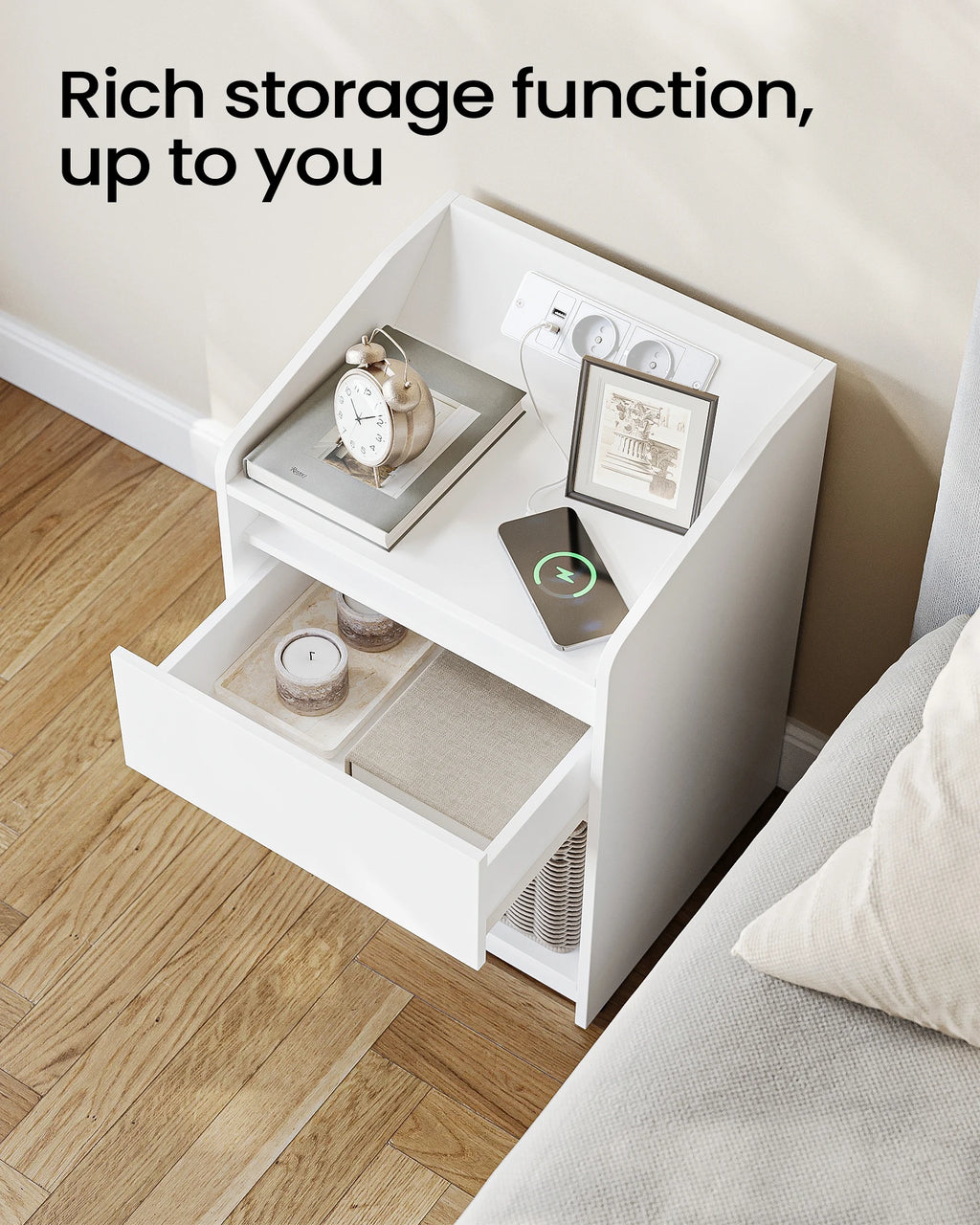 Table de chevet LED avec tiroir, prises et USB
