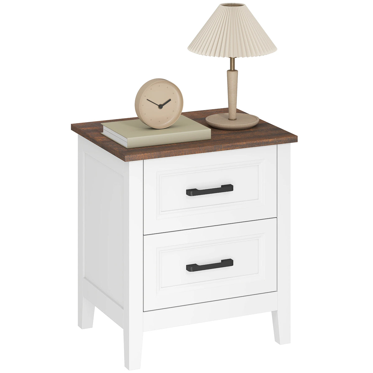 Table de chevet blanche à 2 tiroirs et plateau effet bois