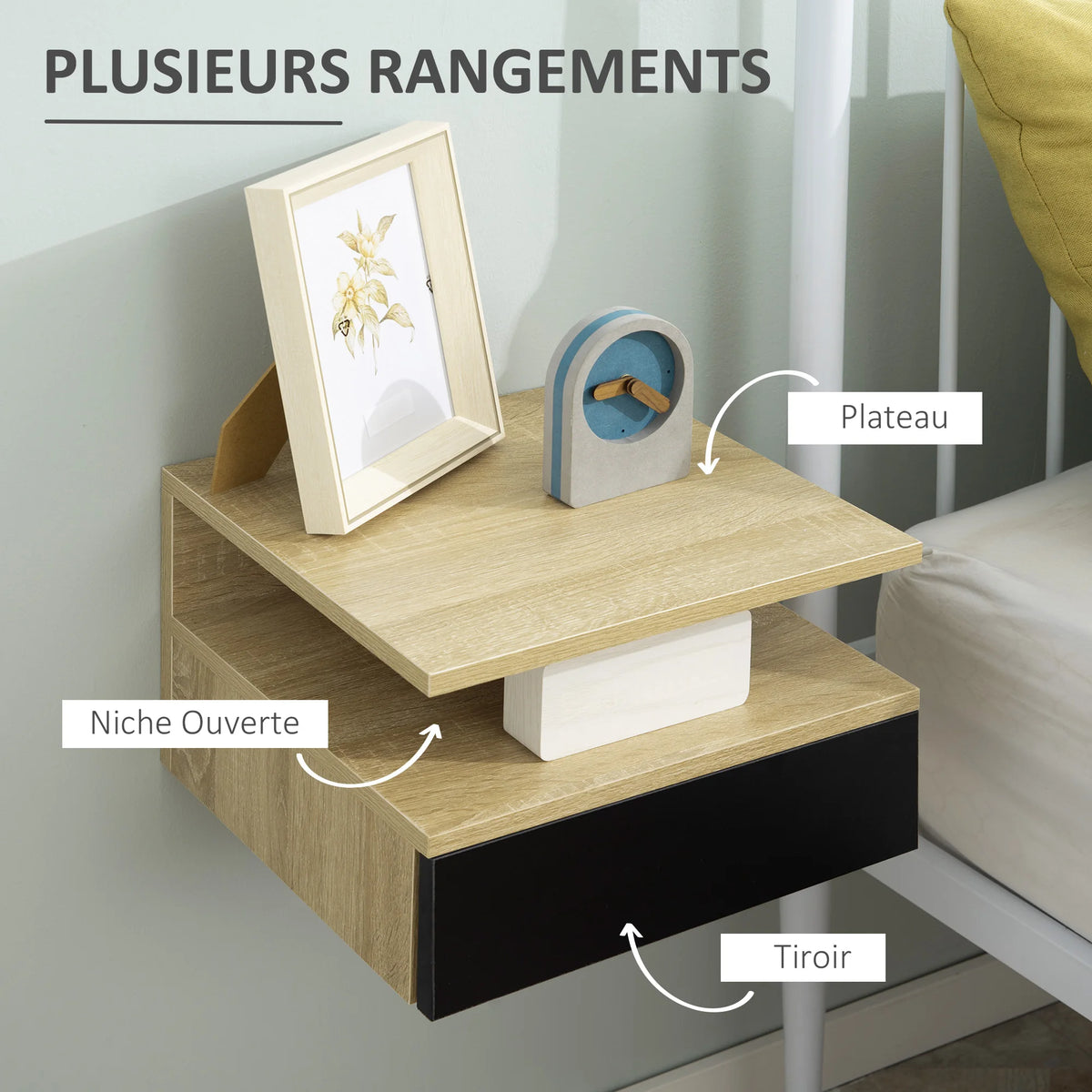 Lot de 2 tables de chevet suspendues effet chêne et noir
