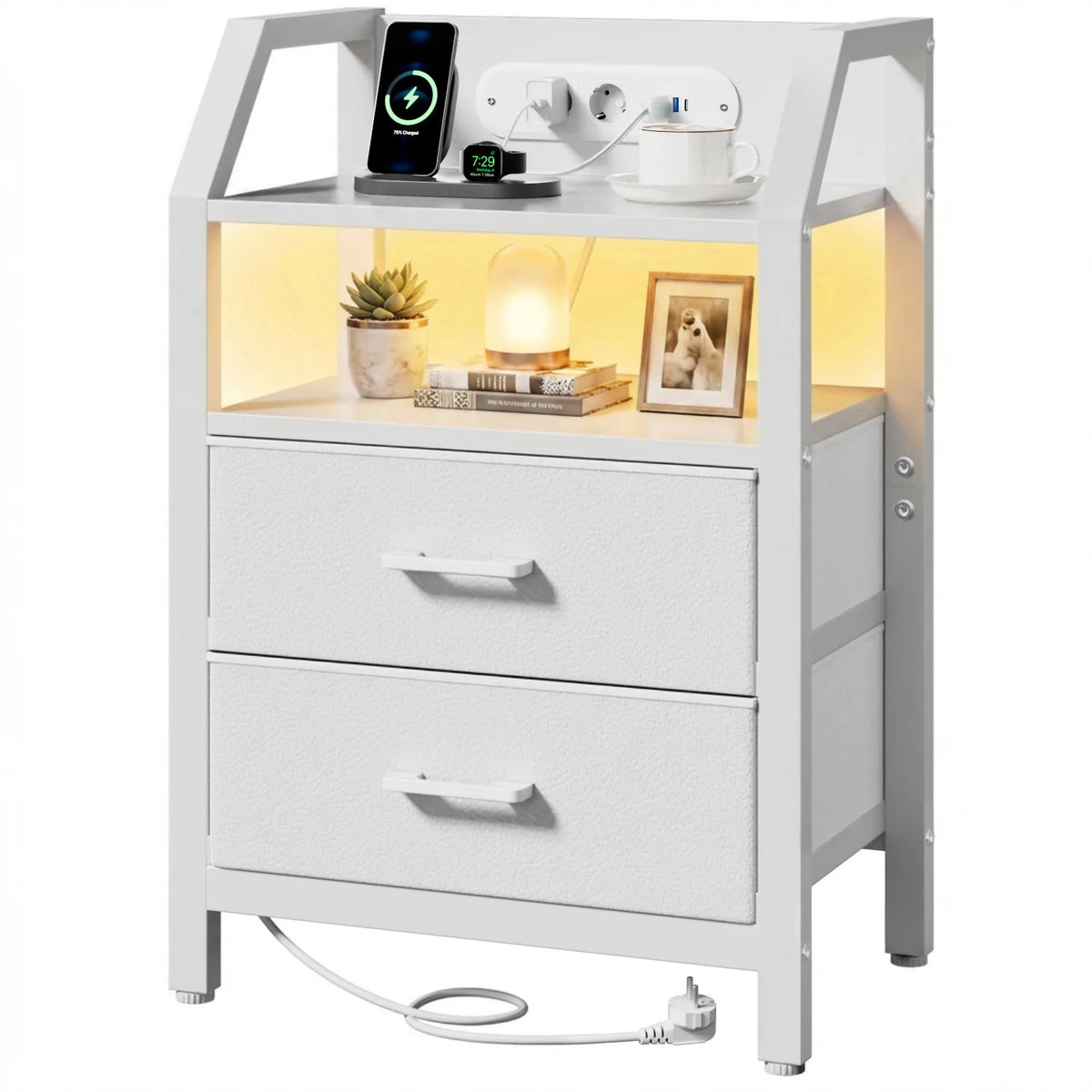 Table de chevet LED avec prises USB et tiroirs en tissu
