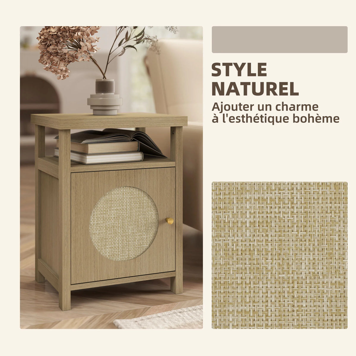 Lot de 2 tables de chevet effet bois et cannage