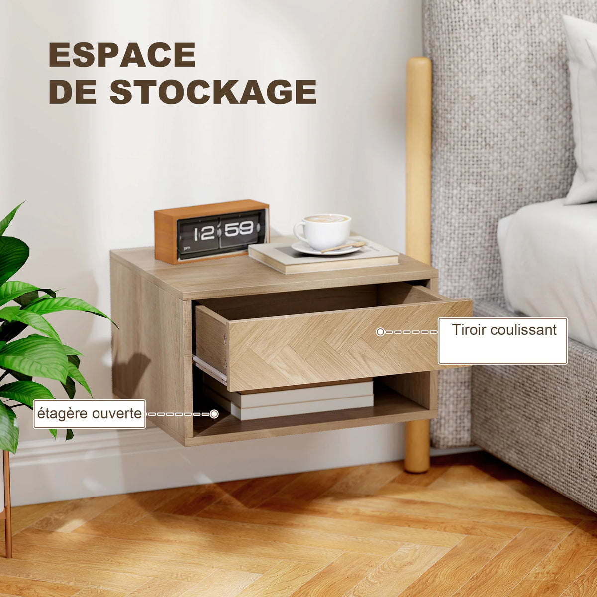 Lot de 2 tables de chevet suspendues effet bois à motif chevrons